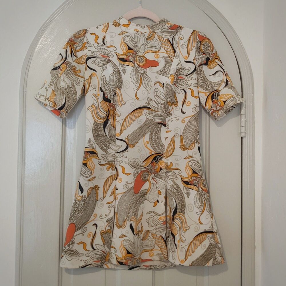 Vintage French 70s Psychedelic Floral Mock Turtleneck Front Slit Tunic Top Sz XS - Picture 5 of 12